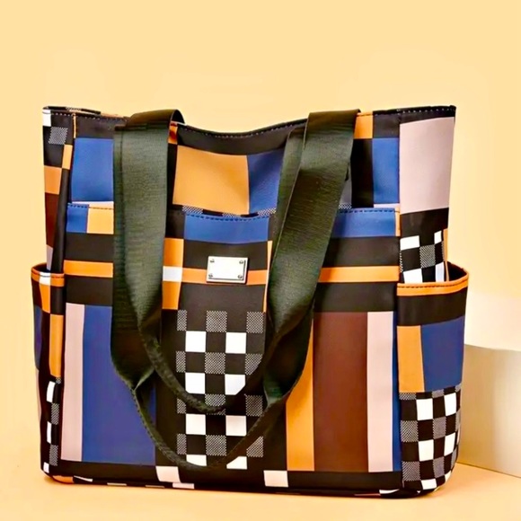 NWOT-Trendy Checkered Colorblock Tote Bag-Large Capacity Handbag, 11”x 12”x 6” - Picture 2 of 5